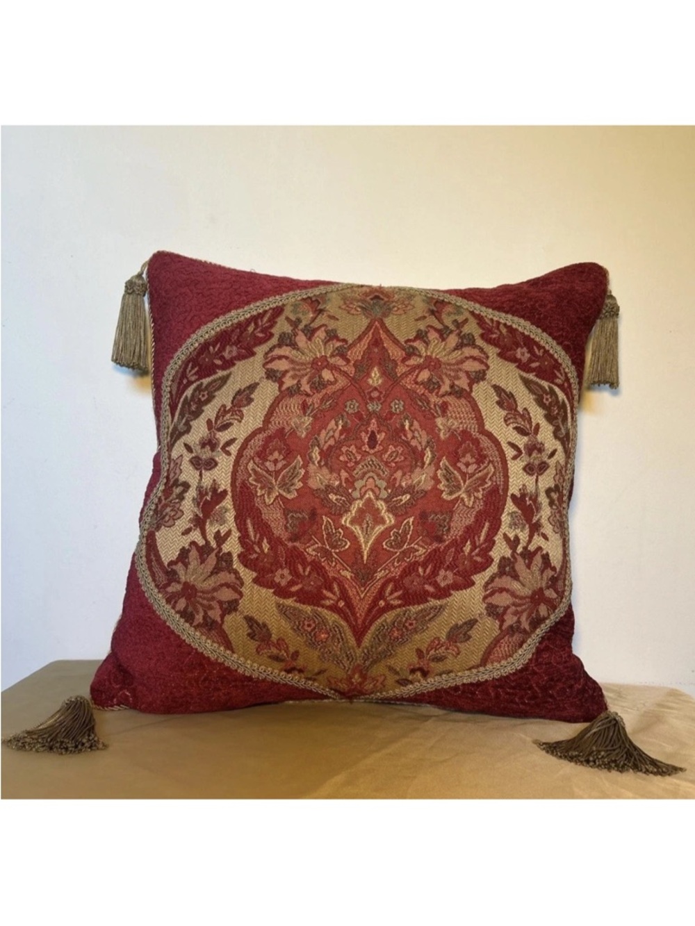 Ethan Allen Red and Gold Ornate Tassle Throw Pillow